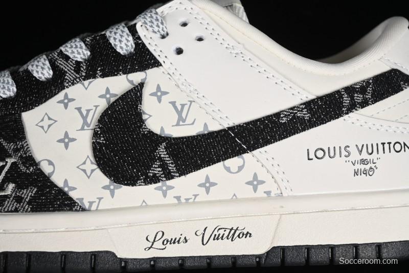 Nike SB Dunk Low LV Collaboration - Beige Black Denim Anniversary High-End Custom Low-Top Casual Skate Shoes - JH8310-946