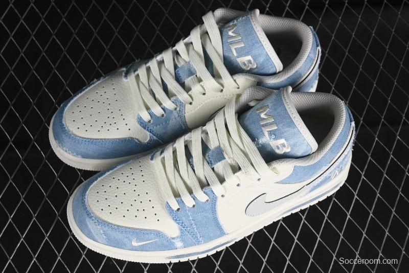 Nike Air Jordan 1 Low MLB Collaboration Retro Blue Denim Custom Basketball Shoes - DC2024-027