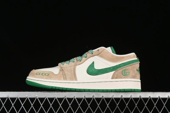 Nike Air Jordan 1 Low AJ1 Gucci Collaboration - Vintage Basketball Shoes in Sheepskin Green - WG8850-014