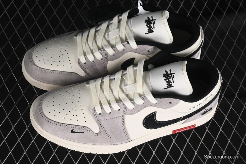 Nike Air Jordan 1 Low Stussy Collaboration - Grey Black Red Label Retro Basketball Shoes - SJ9950-034