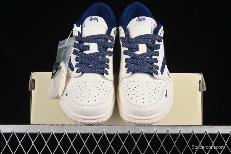 Nike Travis Scott x Fragment Design x Air Jordan 1 Low OG SP AJ1 Supreme Stussy Collaboration - Suede Blue Swoosh Low-Top Casual Sneakers - SJ2068-127