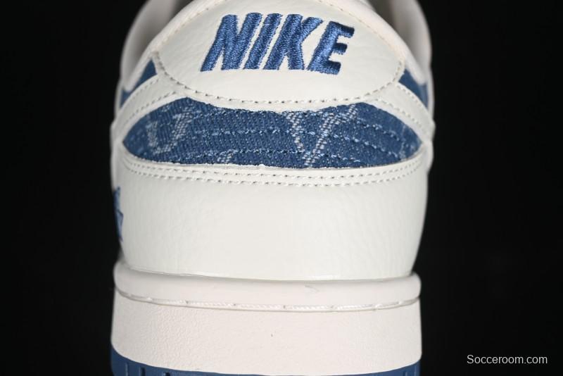 Nike SB Dunk Low LV Collaboration - Beige Blue Print Anniversary High-End Custom Low-Top Casual Skate Shoes - JH8310-954