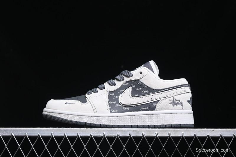 Nike Air Jordan 1 Low Stussy Collaboration - Grey Pigskin Black Base Retro Basketball Shoes - XX3318-968
