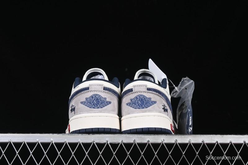 Nike Air Jordan 1 Low Stussy Collaboration Blue Suede Retro Basketball Shoes - SJ9950-035