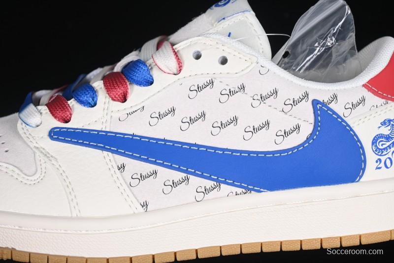 Nike Travis Scott x Fragment Design x Air Jordan 1 Low OG SP AJ1 Snake Year Limited Blue Swoosh Gum Sole Low-top Casual Sneakers - XS3086-011