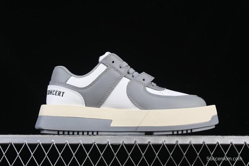 Choco Concert Leather Round Square Asymmetric Fashion Sneakers White Gray - AJE5