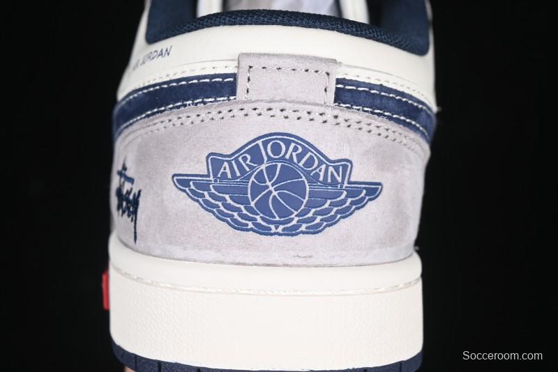 Nike Air Jordan 1 Low Stussy Collaboration Blue Suede Retro Basketball Shoes - SJ9950-035