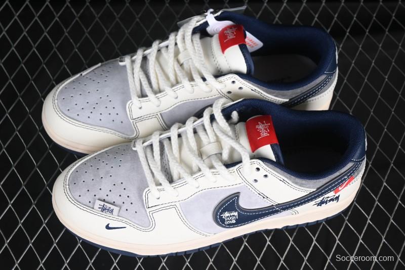 Nike SB Dunk Low Stussy Collaboration Signature Navy Swoosh Anniversary Custom Low-Top Casual Skate Shoes - DM6868-034