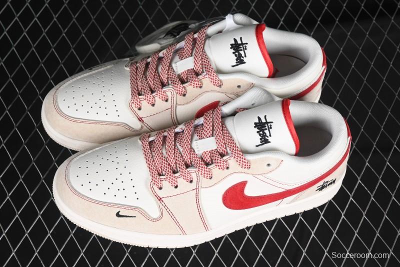 Nike Air Jordan 1 Low Stussy Collaboration Khaki Red Hook Retro Basketball Shoes - SJ9950-040