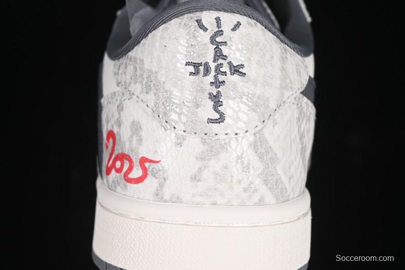Nike Travis Scott x Fragment Design x Air Jordan 1 Low OG SP AJ1 Snake Year Limited Grey Snake Scale with Grey Swoosh Low-top Casual Sneakers - XS3086-009