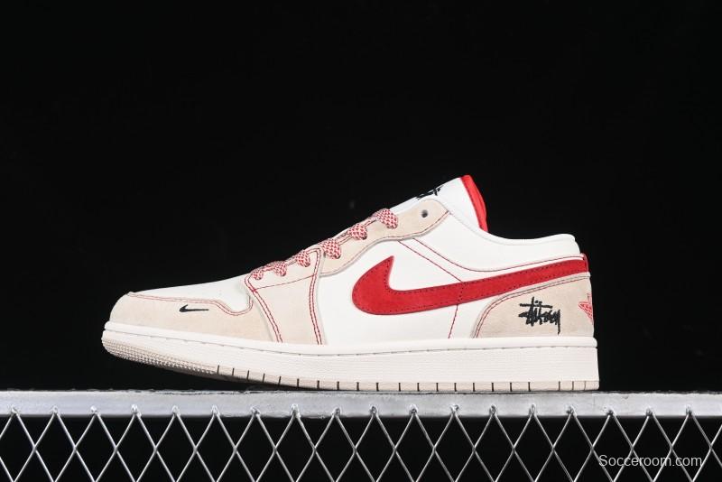 Nike Air Jordan 1 Low Stussy Collaboration Khaki Red Hook Retro Basketball Shoes - SJ9950-040