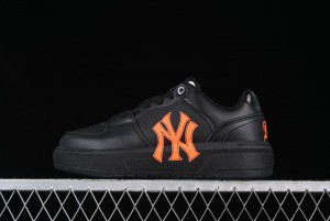 NY Yankees Black Leather Sneakers with Bold Orange Logo