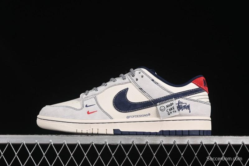 Nike SB Dunk Low Stussy Anniversary Edition Patchwork Navy Swoosh Customized Low-Top Casual Skate Shoes - YX5066-297