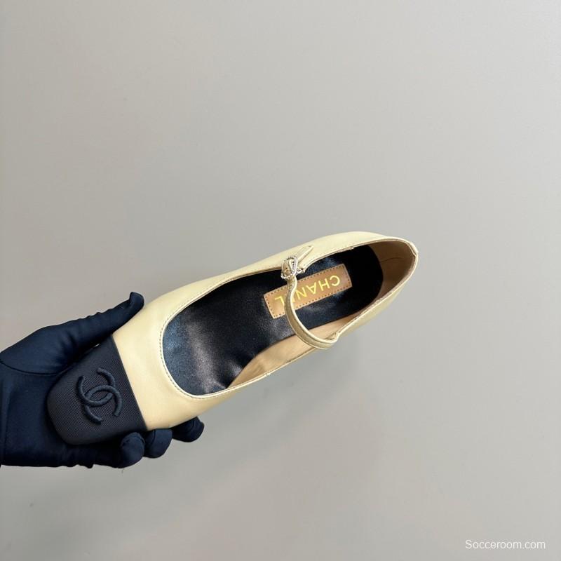 2025 Women Chanel Beige Black Leather Mary Jane Shoes KFY00290