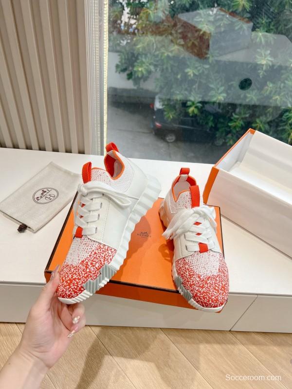 2024 Unisex Hermès white orange leather knit sneakers