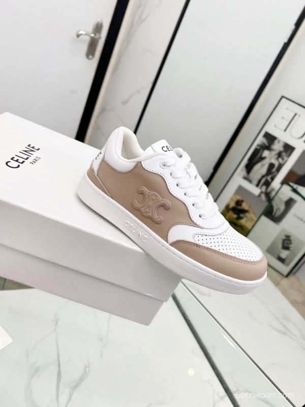 2025 Women Celine White Beige Leather Sneakers BLOCK TRIOMPHE KFY00260