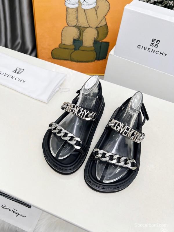 2025 Women Givenchy Black Leather Sandals Chain LY00260