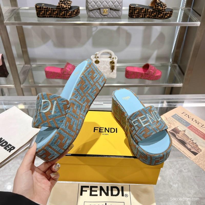 2025 Slippers Fendi Blue Brown Canvas FF Jacquard Platform FJ00321