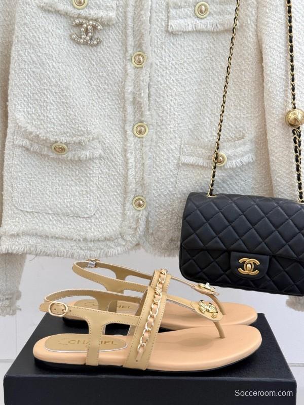 2025 Women Chanel Apricot Leather Sandals KFY00250