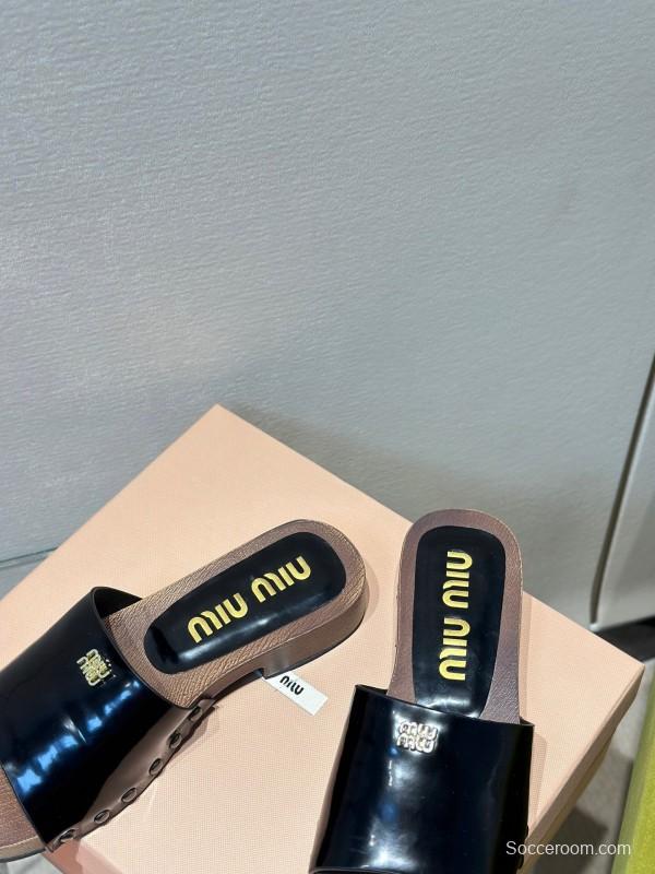 2025 Women Miu Miu Black Leather Slippers