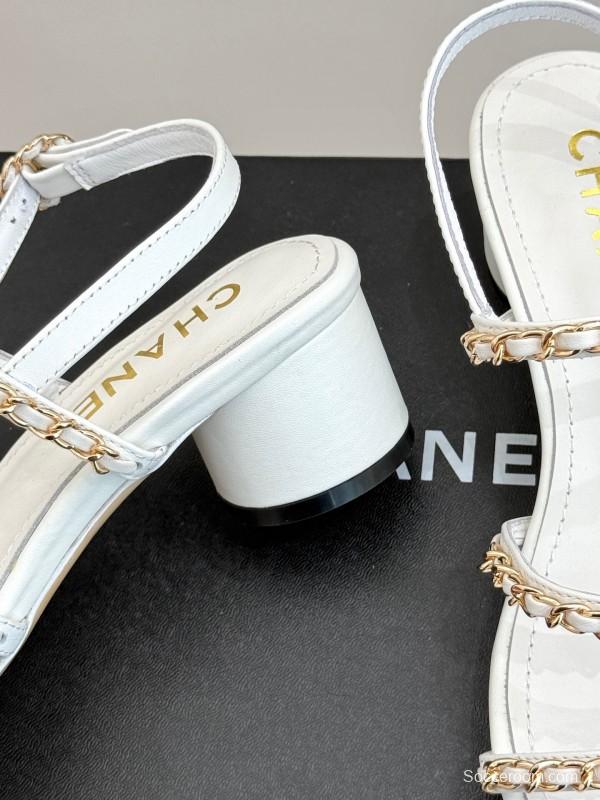 2025 Women Chanel White Leather Chain Strap Sandals