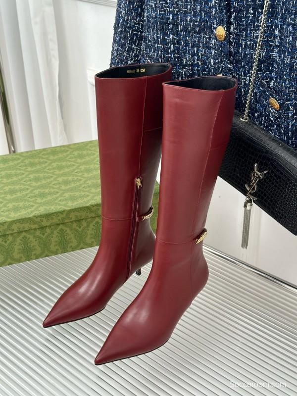2024 Women Gucci Wine Leather Knee High Boots Chain Link MJ00550
