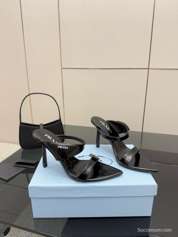 2025 Women Prada Black Leather Sandals