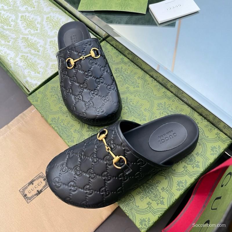 2024 Slippers Gucci Black Leather GG Pattern Horsebit MJ00280