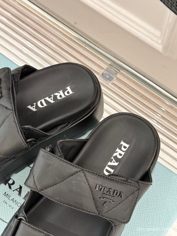 2025 Women Prada Black Leather Slippers