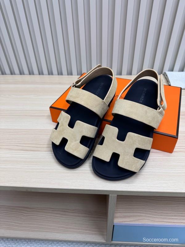 2025 Slippers Hermès Beige Black Suede Leather Sandals
