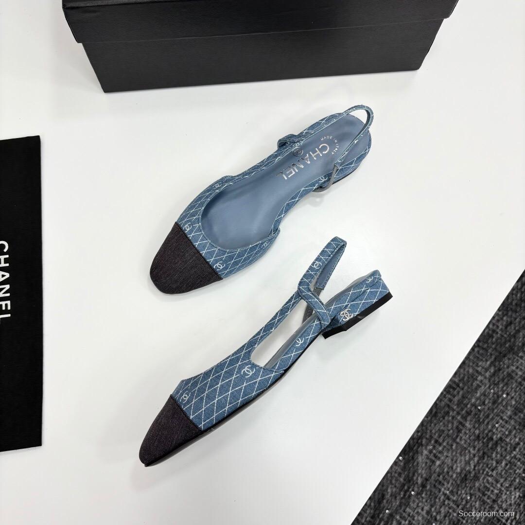 2025 Women Chanel Blue Black Denim Leather Slingback LY00240
