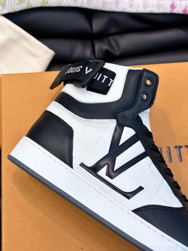2024 Men Louis Vuitton Black White Leather High Top Sneakers MJ00420