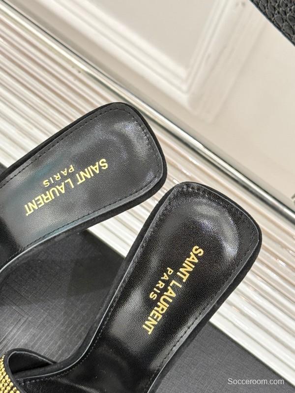 2025 Women Yves Saint Laurent Black Gold Leather High Heel Slip-On LY00300