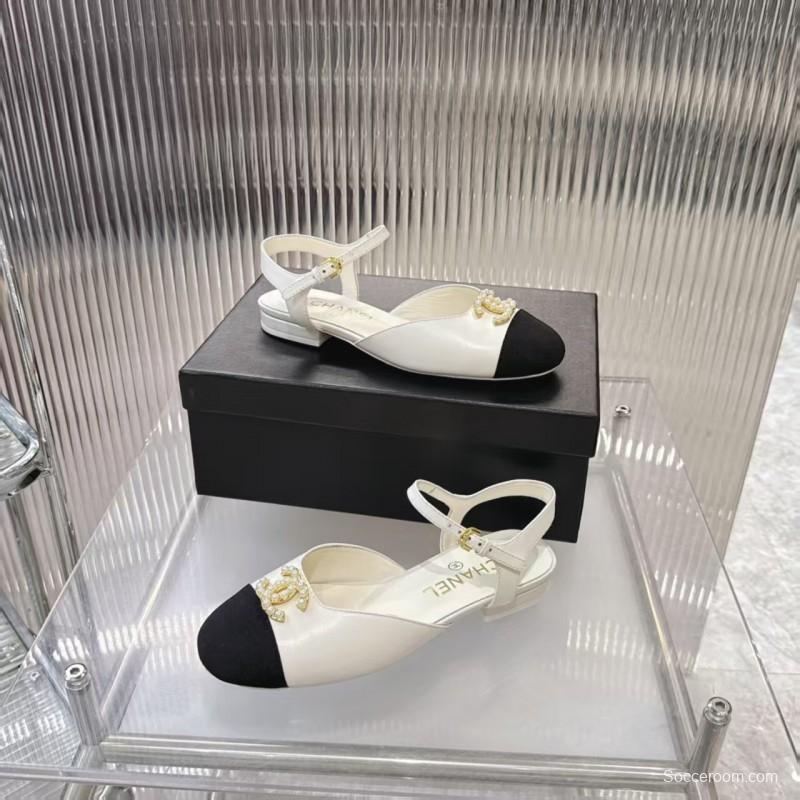 2025 Women Chanel White Black Leather Slingback Flats