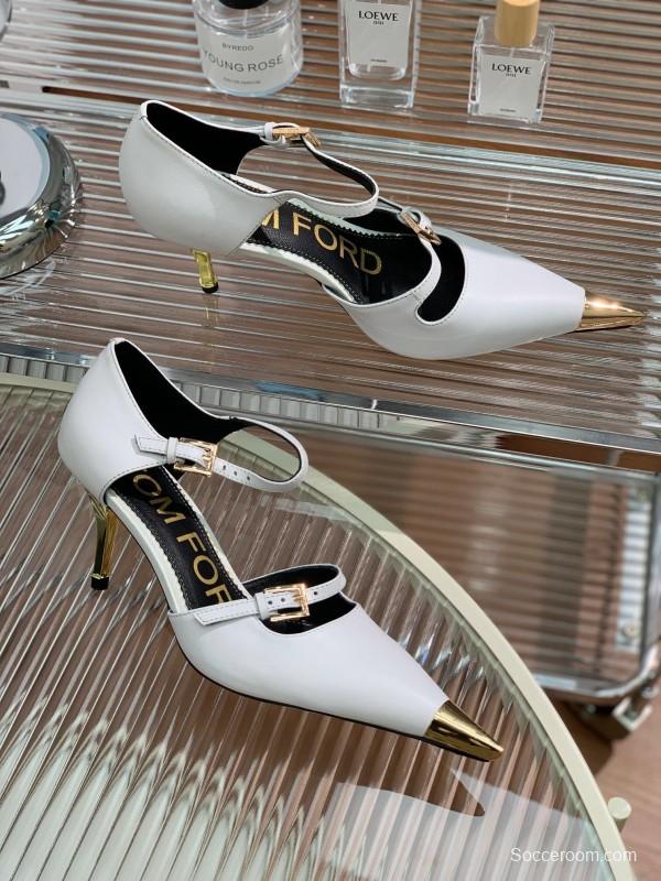 2025 Women TOM FORD White Gold Leather Pointed Toe Pumps KFY00320