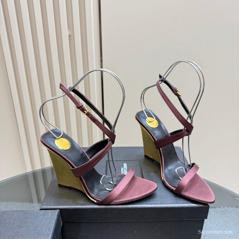 2025 Women Yves Saint Laurent Burgundy Suede Wedge Sandals Elegant Strappy Design KFY00290 (F)