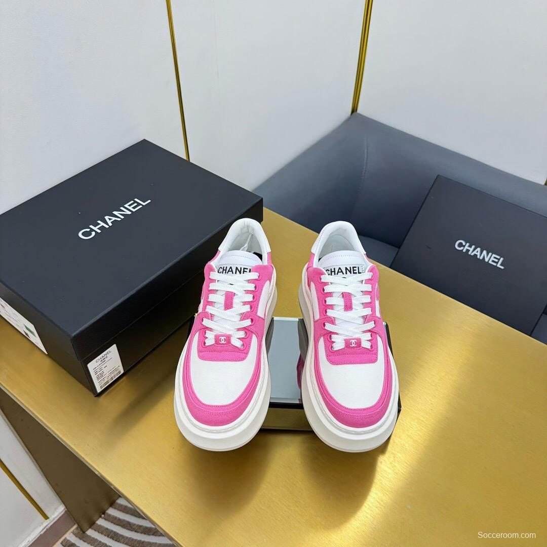 2025 Women Chanel Pink White Leather Canvas Sneakers