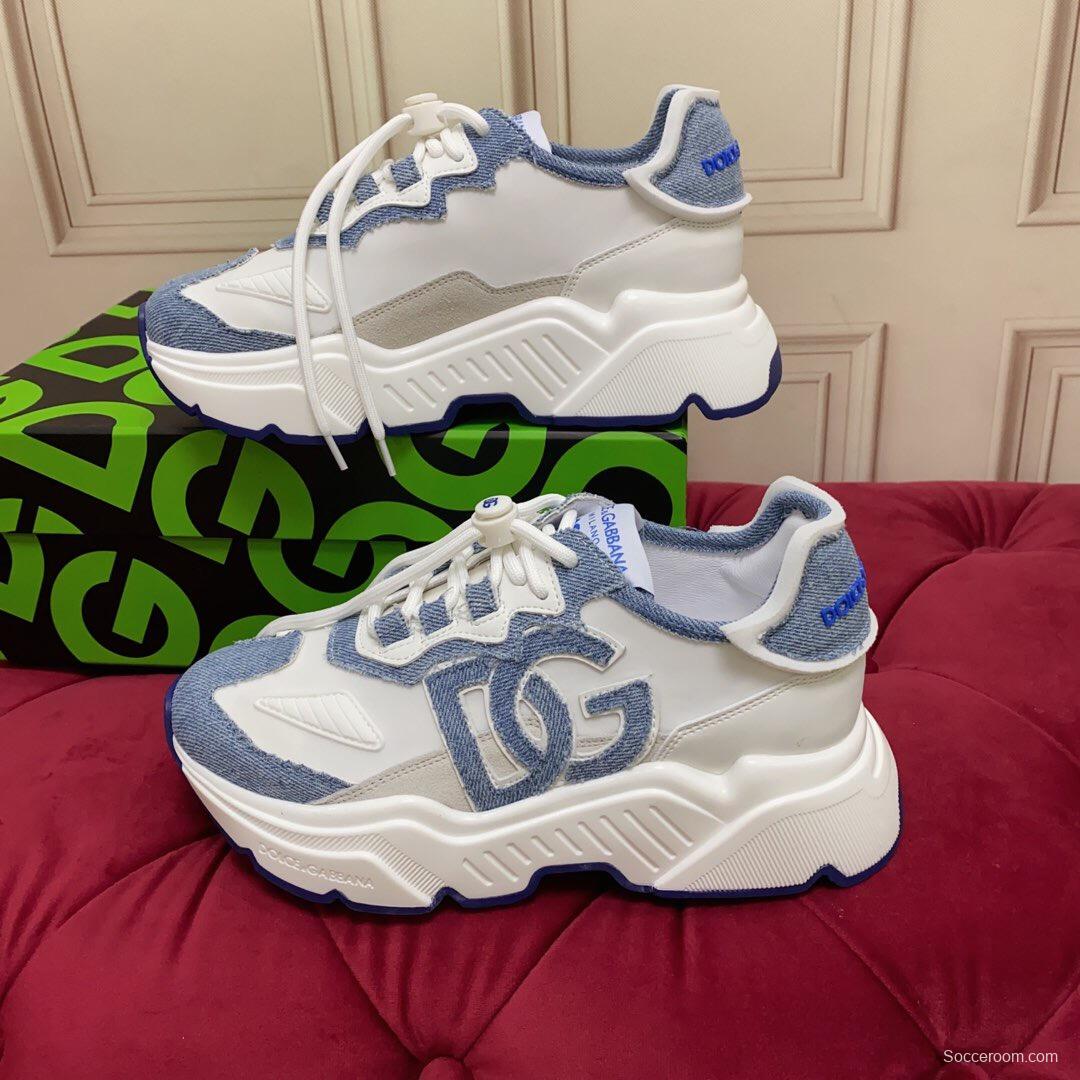 2025 Unisex Dolce & Gabbana White Blue Silk Leather Sneakers Exclusive Craft LY00330(F)/LY00340(M)