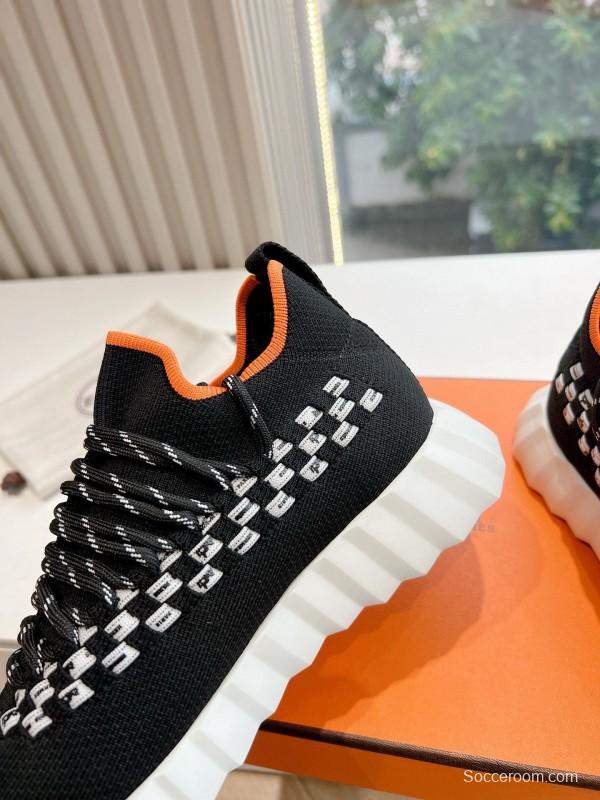2024 Unisex Hermès Black White Orange Calfskin Suede Sneakers MJ00290