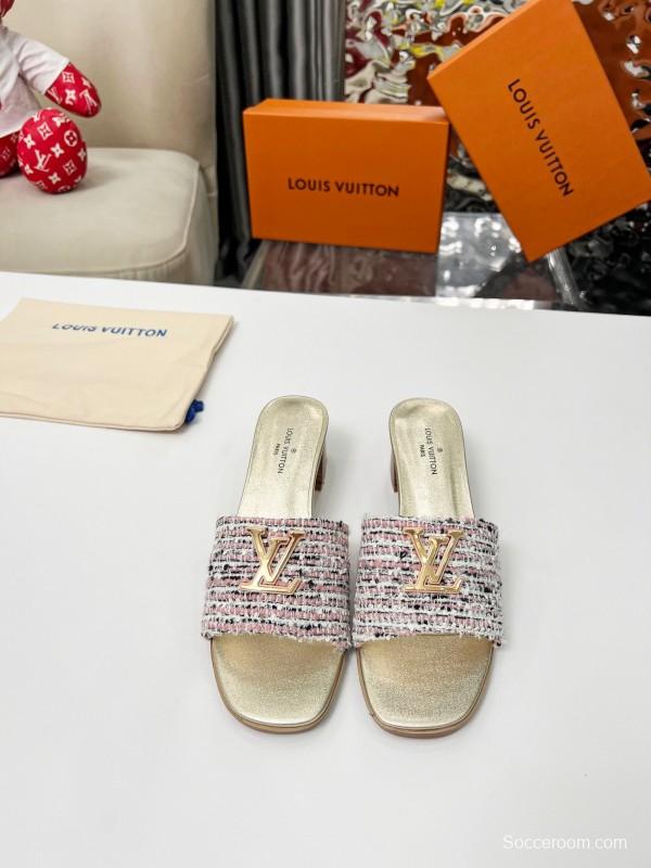 2025 Women Louis Vuitton Pink White Tweed Leather Heeled Mules LY00220