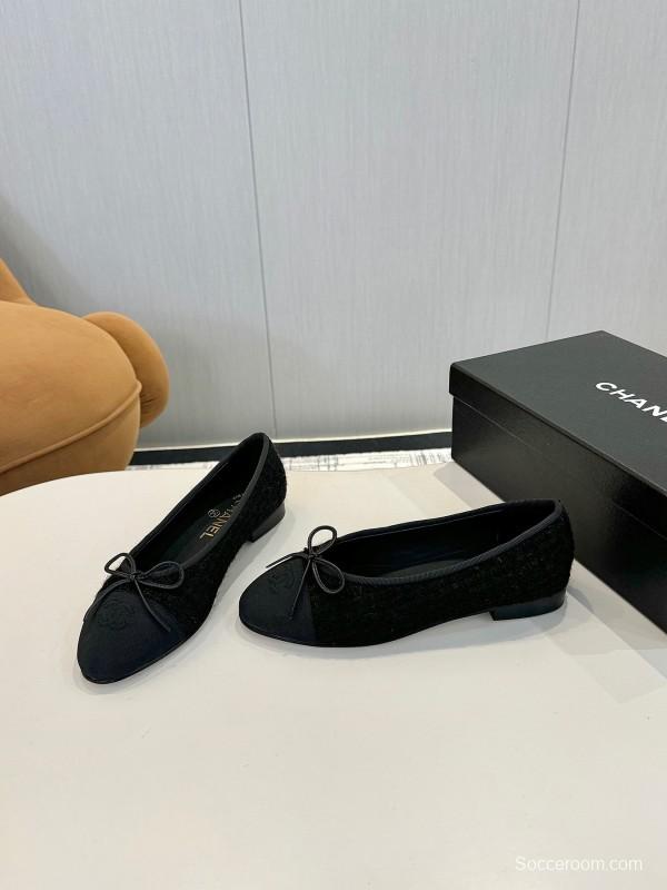 2025 Women Chanel Black Lambskin Tweed Ballet Flats LY00250