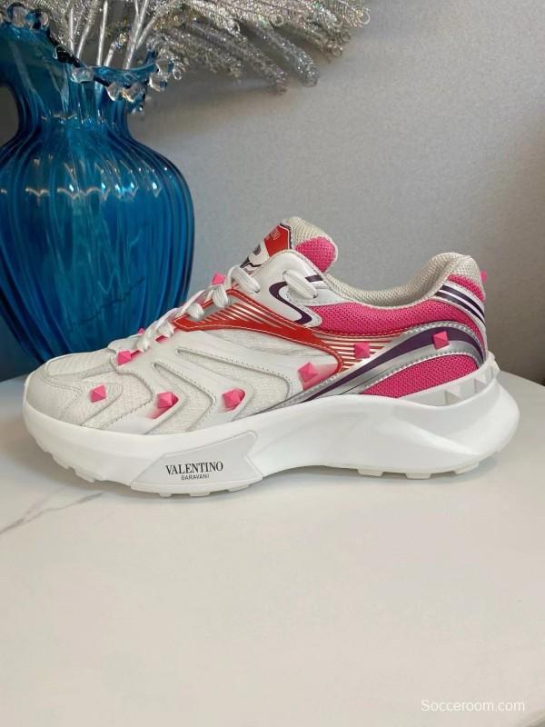 2024 Unisex Valentino White Pink Mesh Leather Sneakers MJ00410