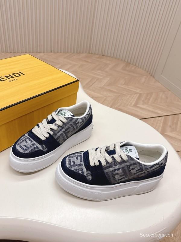 2025 Women Fendi Navy Grey Leather Canvas Sneakers LY00340