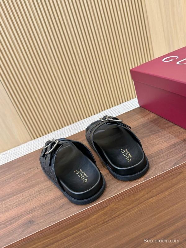 2025 Women Gucci Black Leather Sandals Buckle LY00230