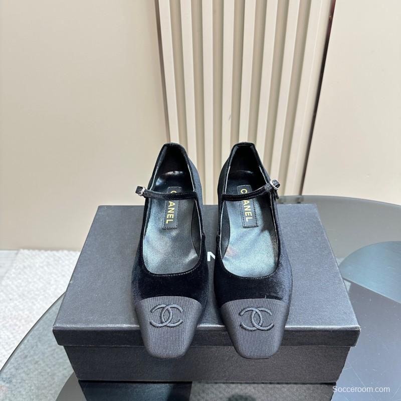 2025 Women Chanel Black Velvet Leather Mary Jane