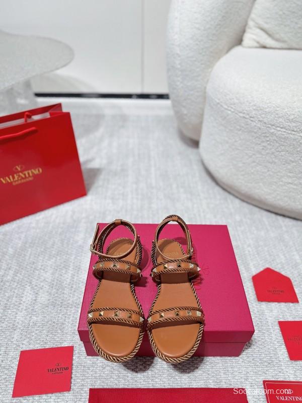 2025 Women Valentino Brown Leather Sandals Braided Craftsmanship LY00250