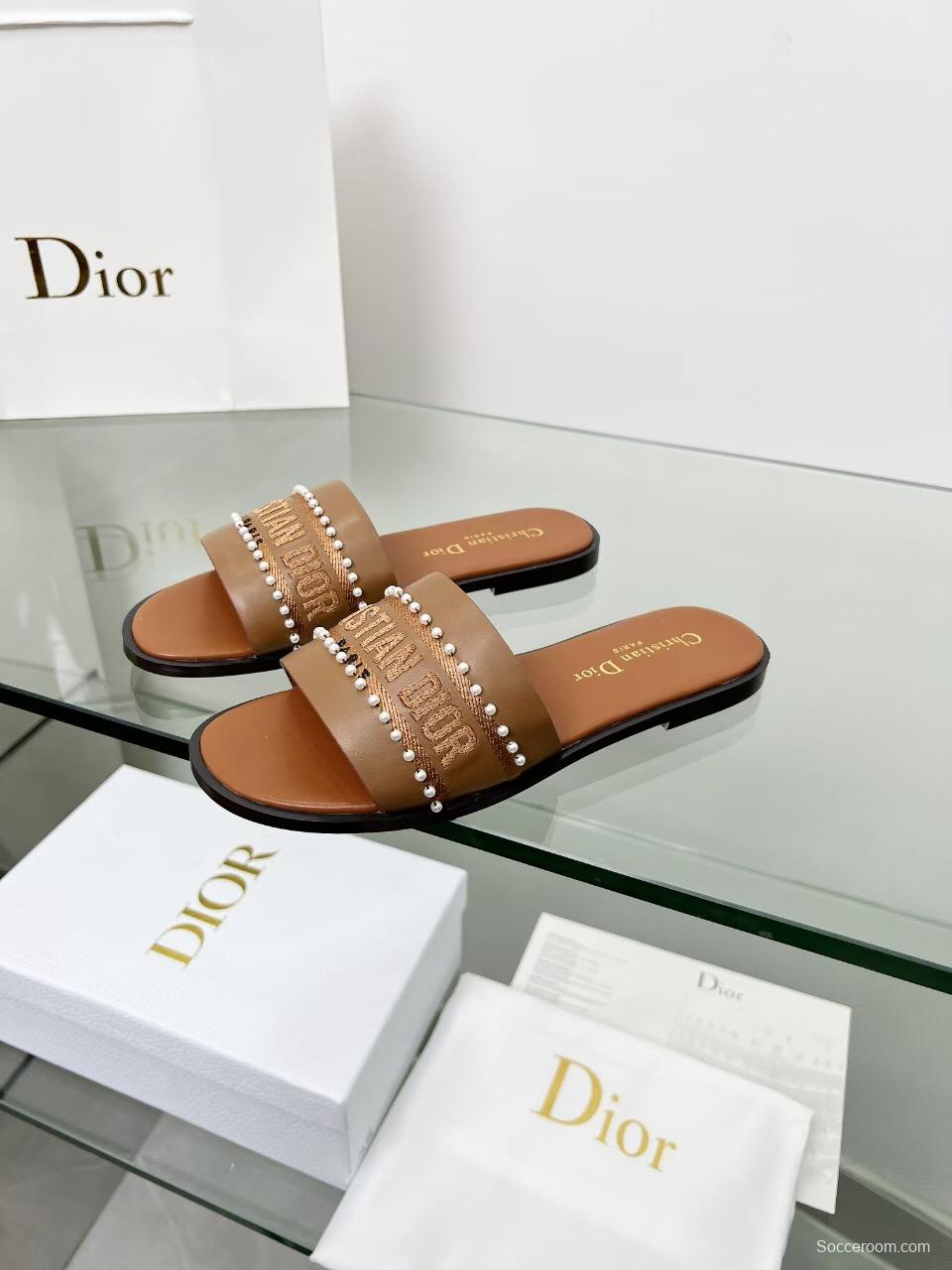 2025 Slippers Dior Brown Leather Women Slide Pearl LY00190