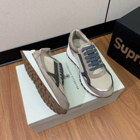 2025 Unisex Brunello Cucinelli Beige Grey Suede Mesh Sneakers LY