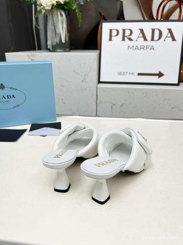 2025 Women Prada White Calf Leather Heeled Slide LY00270