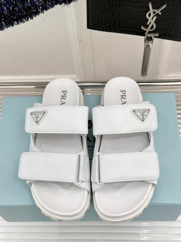 2025 Women Prada White Leather Slippers KFY00240